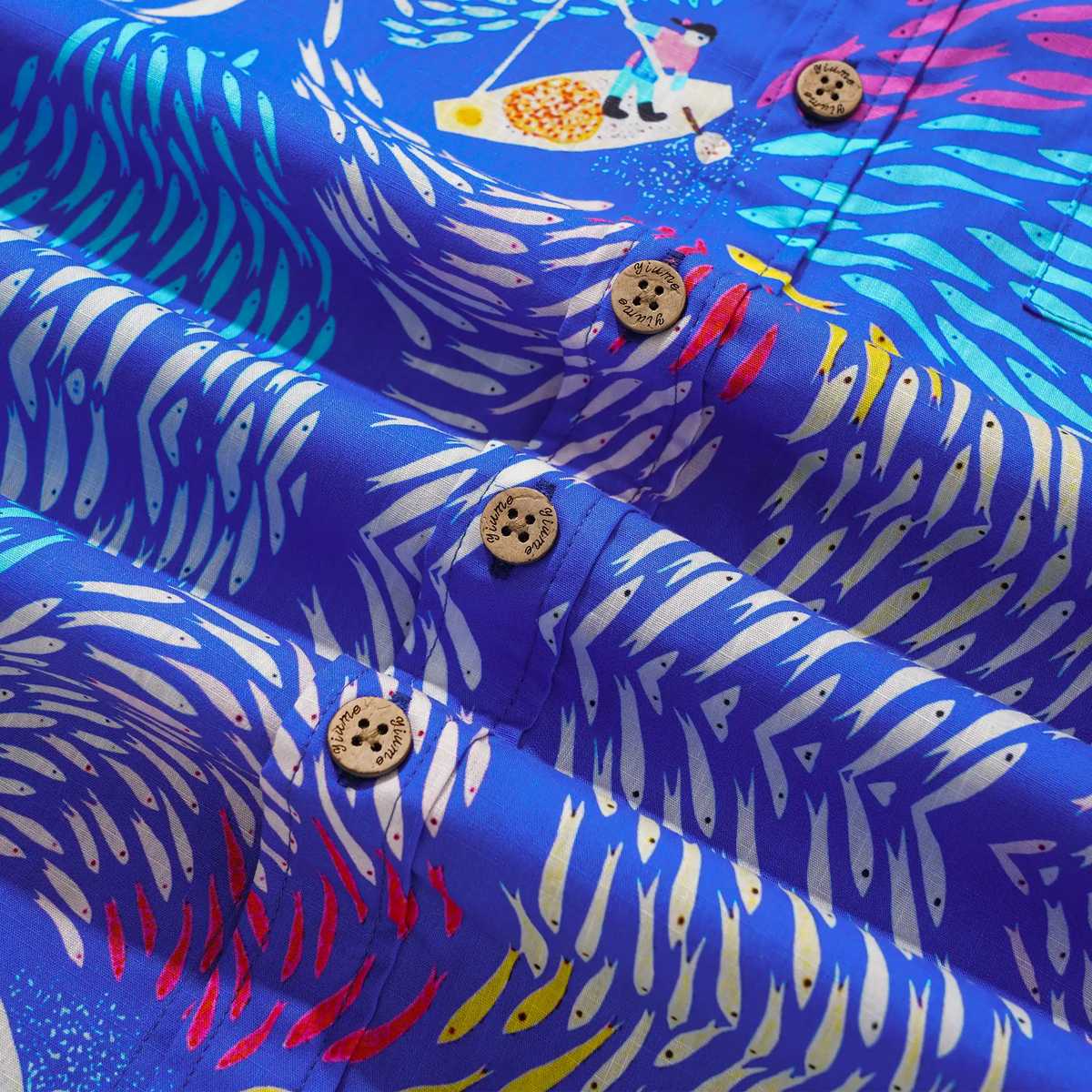 Men's Hawaiian Shirt Short Sleeve Button-down 100% Cotton Blue Aloha Dreamy Fish Light