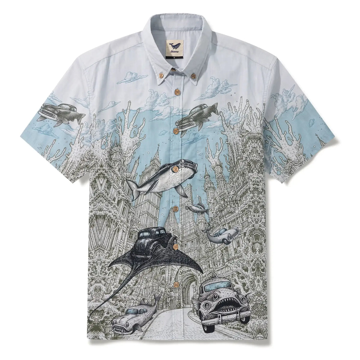 Men's Hawaiian Shirt Short Sleeve Button-down 100% Cotton Blue Aloha Atlantis Coral Cruisers By Cigar