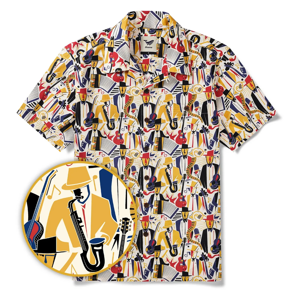 Men's Hawaiian Shirt Short Sleeve Camp Collar 100% Cotton Yellow Aloha Joyful Jazz By Pallavi Chaudhary