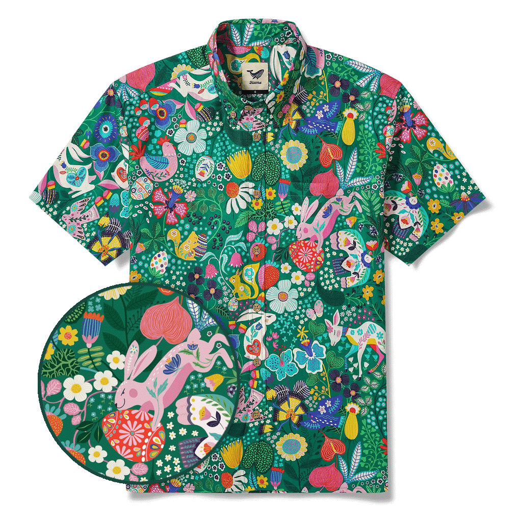 Easter Day Men's Rabbit Hawaiian Shirt Short Sleeve Button-down 100% Cotton Beige Aloha Countryside Easter Feast By Huan huan