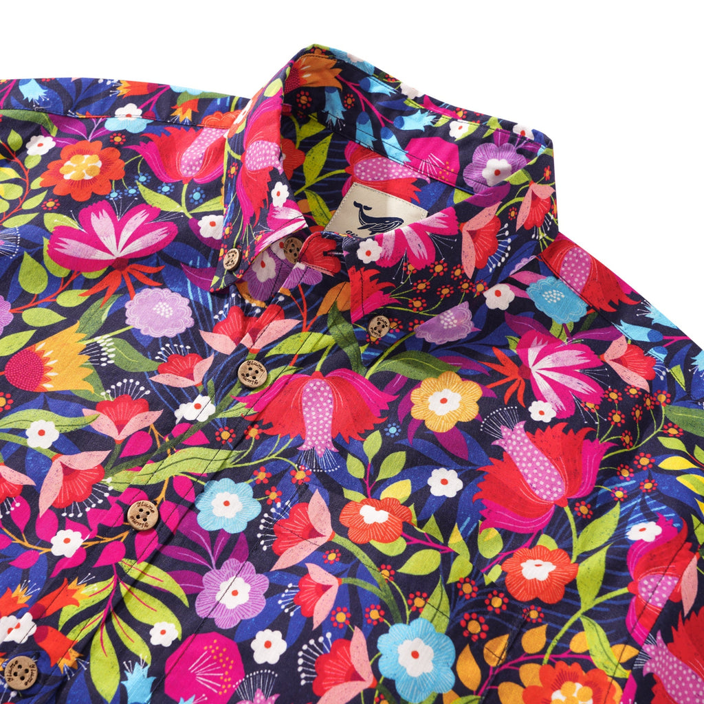 Men's Hawaiian Shirt Short Sleeve Button-down 100% Cotton Red Aloha Midnight Garden By Ali Brookes