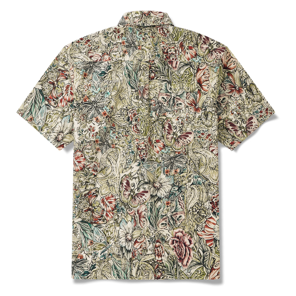 Men's Hawaiian Shirt Short Sleeve Button-down 100% Cotton Green Aloha Floral Butterfly By Yeti