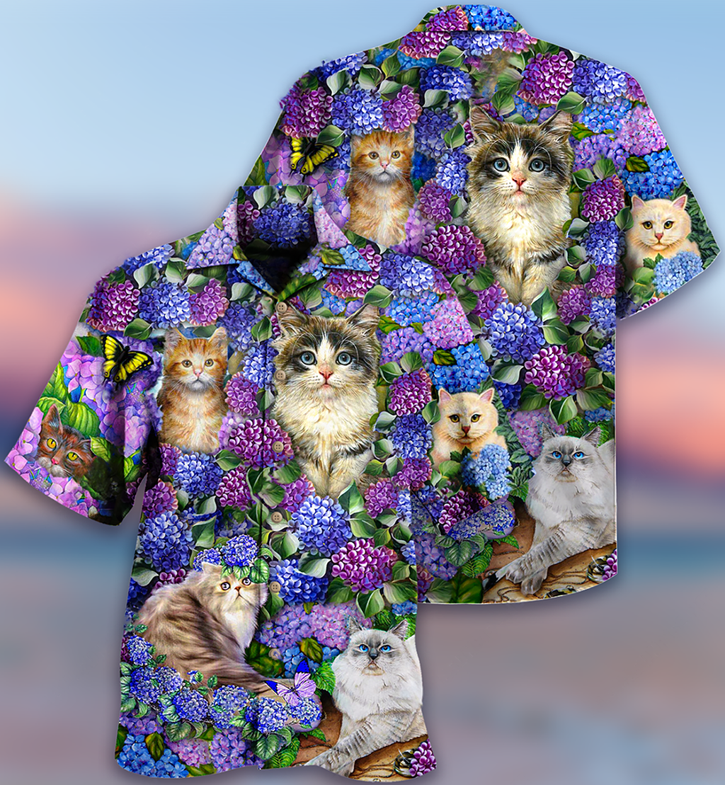 Cat Lovely And Purple Flowers - Hawaiian Shirt