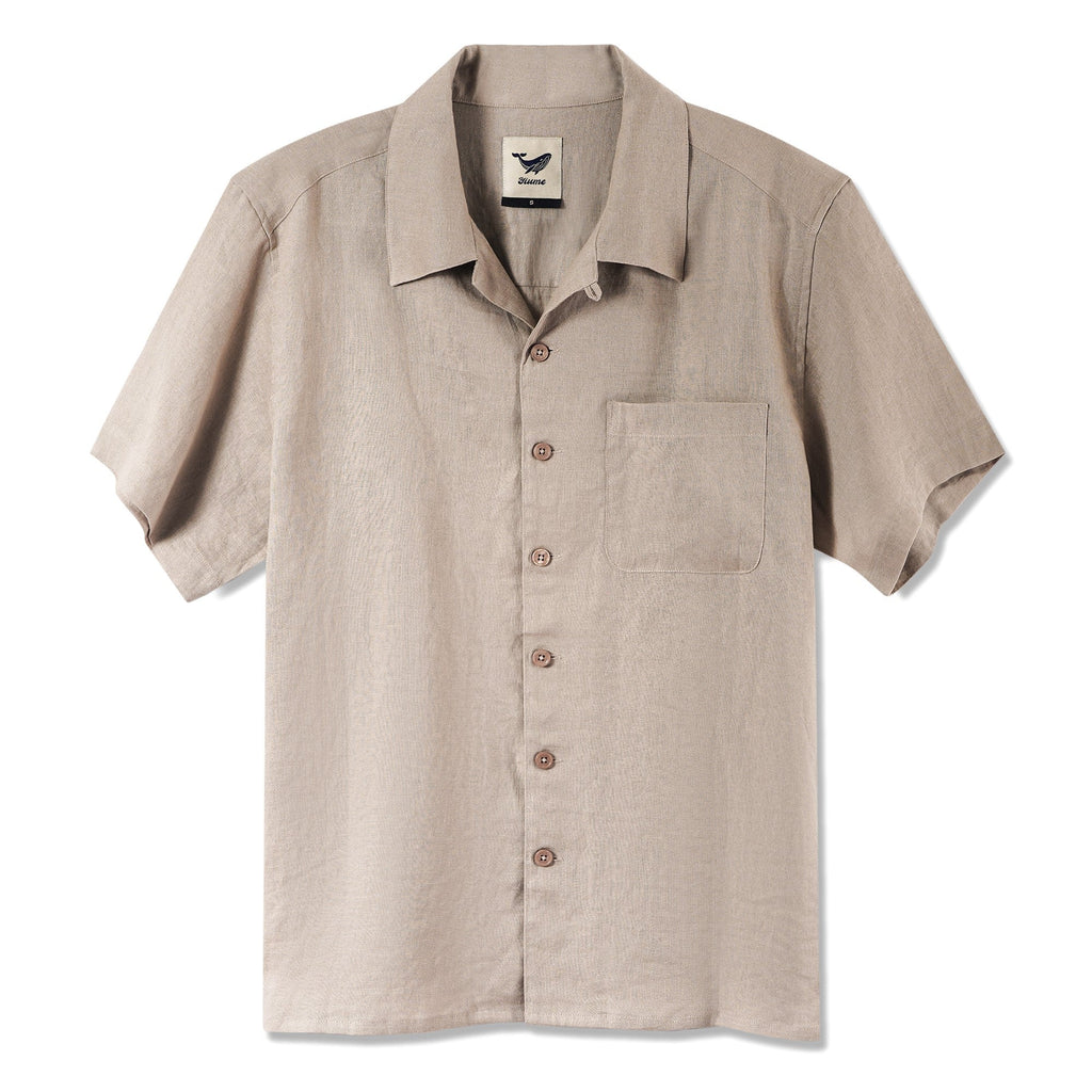 Men's Basic Shirt Short Sleeve Camp Collar 100% Linen Natural Solid Color