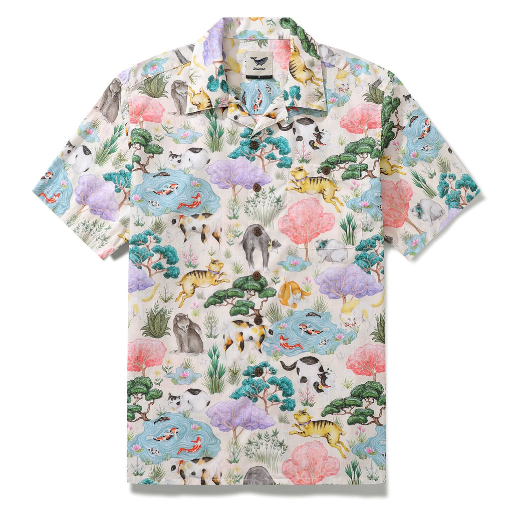 Japanese Hawaiian Shirt For Men Ukiyo-e Cats Print Shirt Camp Collar 100% Cotton Shirt Japanese Cat Garden By Catherine Rowe