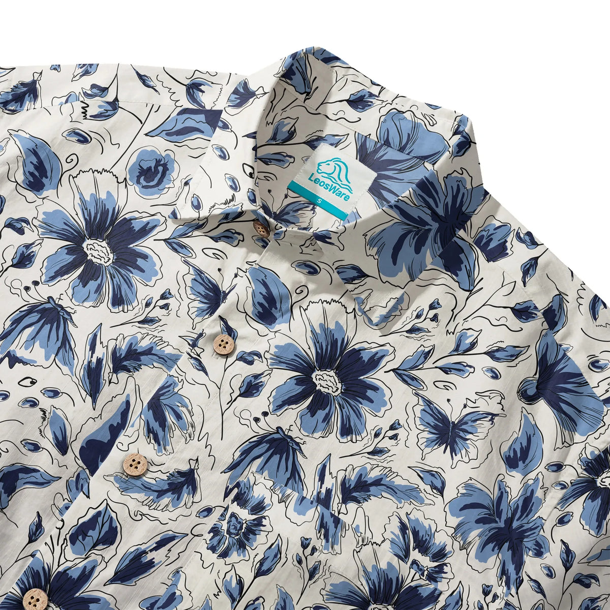 LeosWare® Men's Hawaiian Shirt Short Sleeve Button-up 100% Cotton Blue Aloha Indigo Blooms By Huan huan