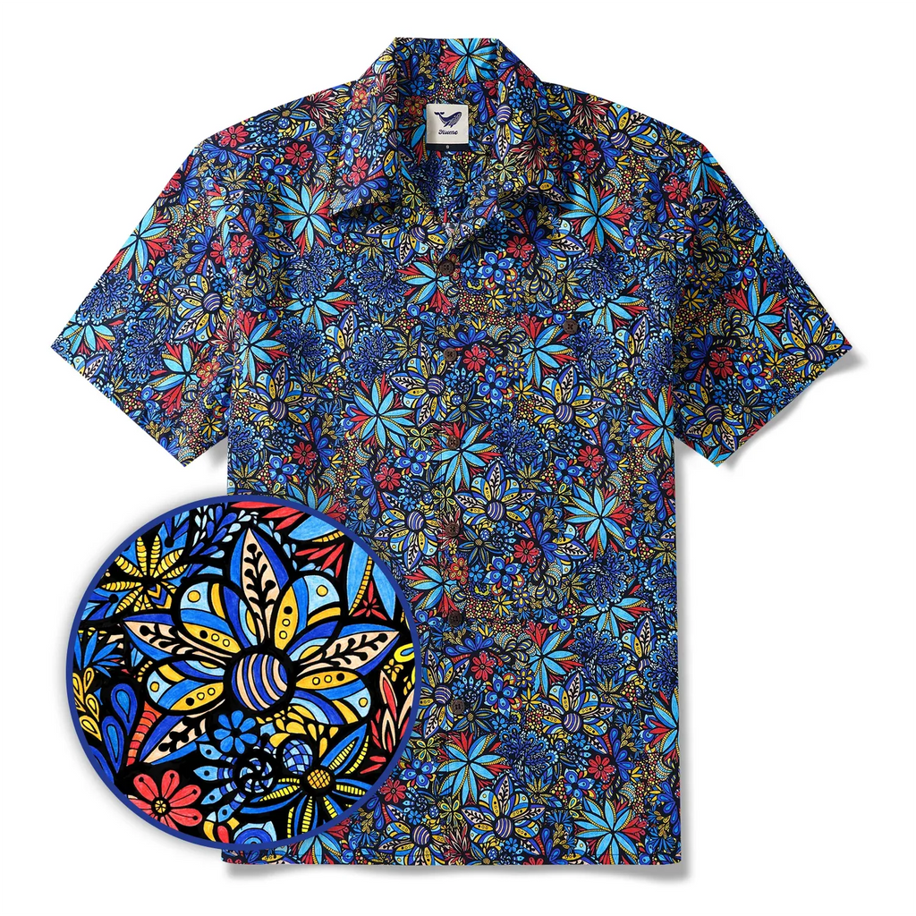 Men's Hawaiian Shirt Short Sleeve Camp Collar 100% Cotton Blue Aloha TALAVERA BOUQUET By Lori Anne McKague
