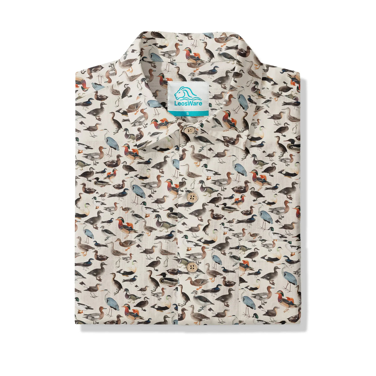 LeosWare® Men's Hawaiian Shirt Short Sleeve Button-up 100% Cotton Beige Aloha Avian Encyclopedia By Ann