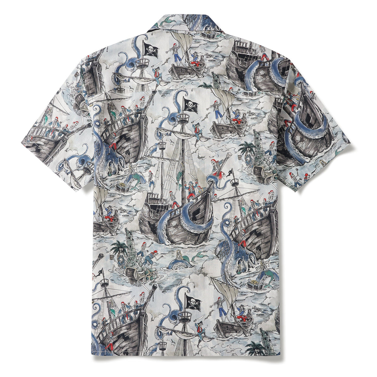 Men's Hawaiian Shirt Short Sleeve Camp Collar 100% Cotton Blue Aloha Mermaid's Skull Island By Zeke