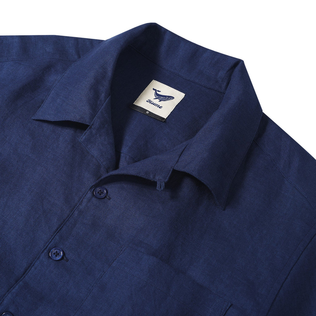 Men's Basic Shirt Short Sleeve Camp Collar 100% Linen Navy Blue Solid Color