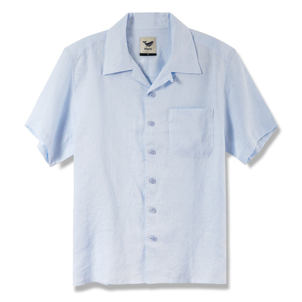 Men's Basic Shirt Short Sleeve Camp Collar 100% Linen Light Blue Solid Color
