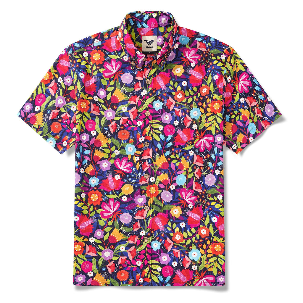 Men's Hawaiian Shirt Short Sleeve Button-down 100% Cotton Red Aloha Midnight Garden By Ali Brookes