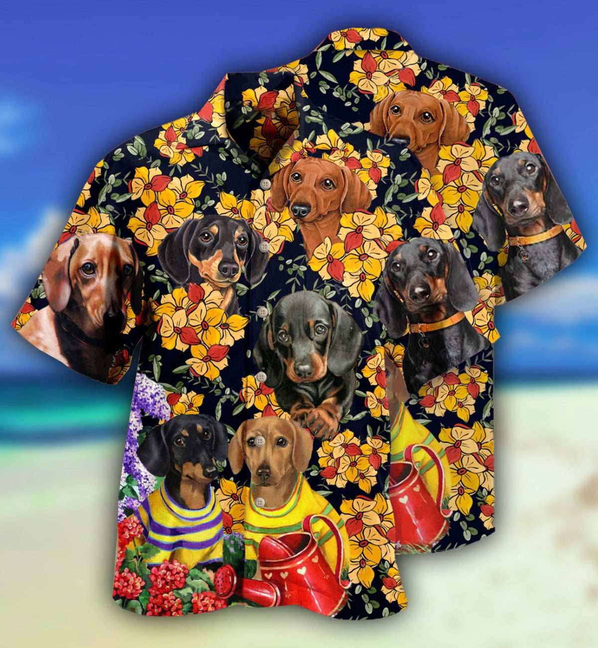 Dachshund And Flowers Black Style - Hawaiian Shirt