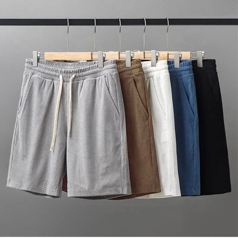 Men Shorts Solid Color Mid Waist Summer Motion Waffle Texture Deep Crotch Drawstring Male Shorts Loose Knee Length Casual Short