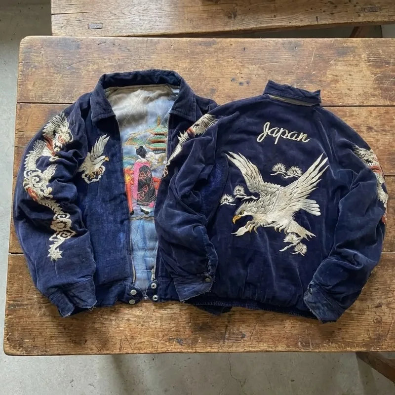 Y2K Vintage Harajuku Embroidery Sukajan Jacket Women Men Retro Dragon Eagle Bomber Coat Streetwear Oversized Souvenir Jackets