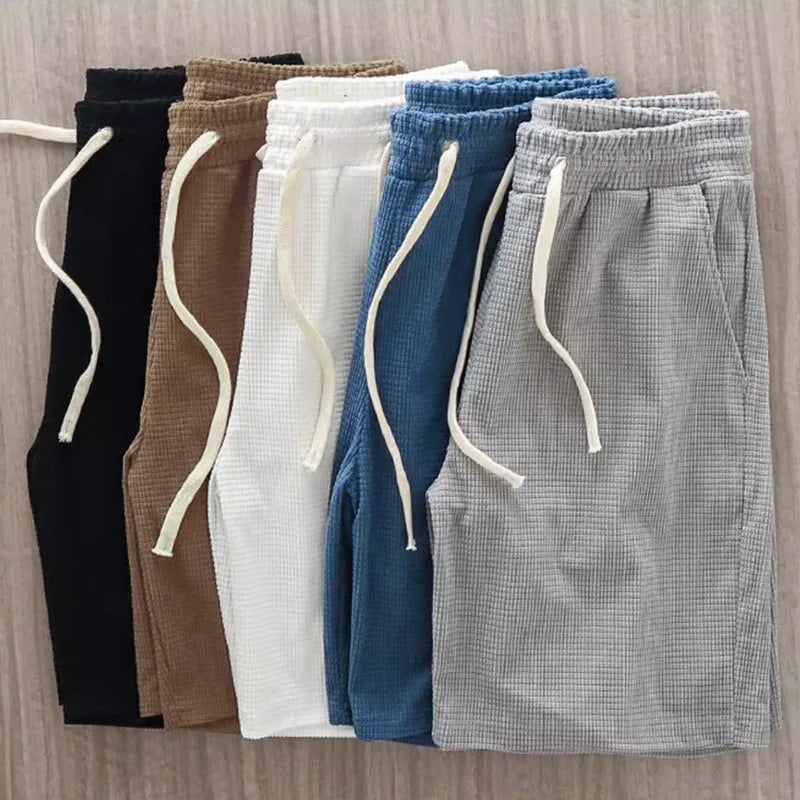 Men Shorts Solid Color Mid Waist Summer Motion Waffle Texture Deep Crotch Drawstring Male Shorts Loose Knee Length Casual Short