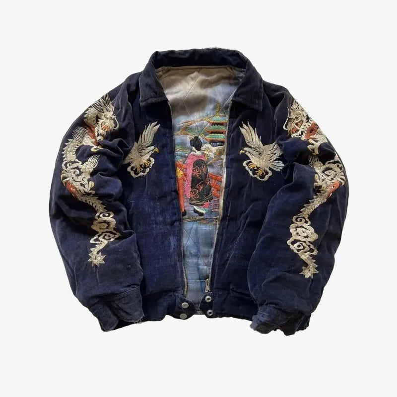 Y2K Vintage Harajuku Embroidery Sukajan Jacket Women Men Retro Dragon Eagle Bomber Coat Streetwear Oversized Souvenir Jackets
