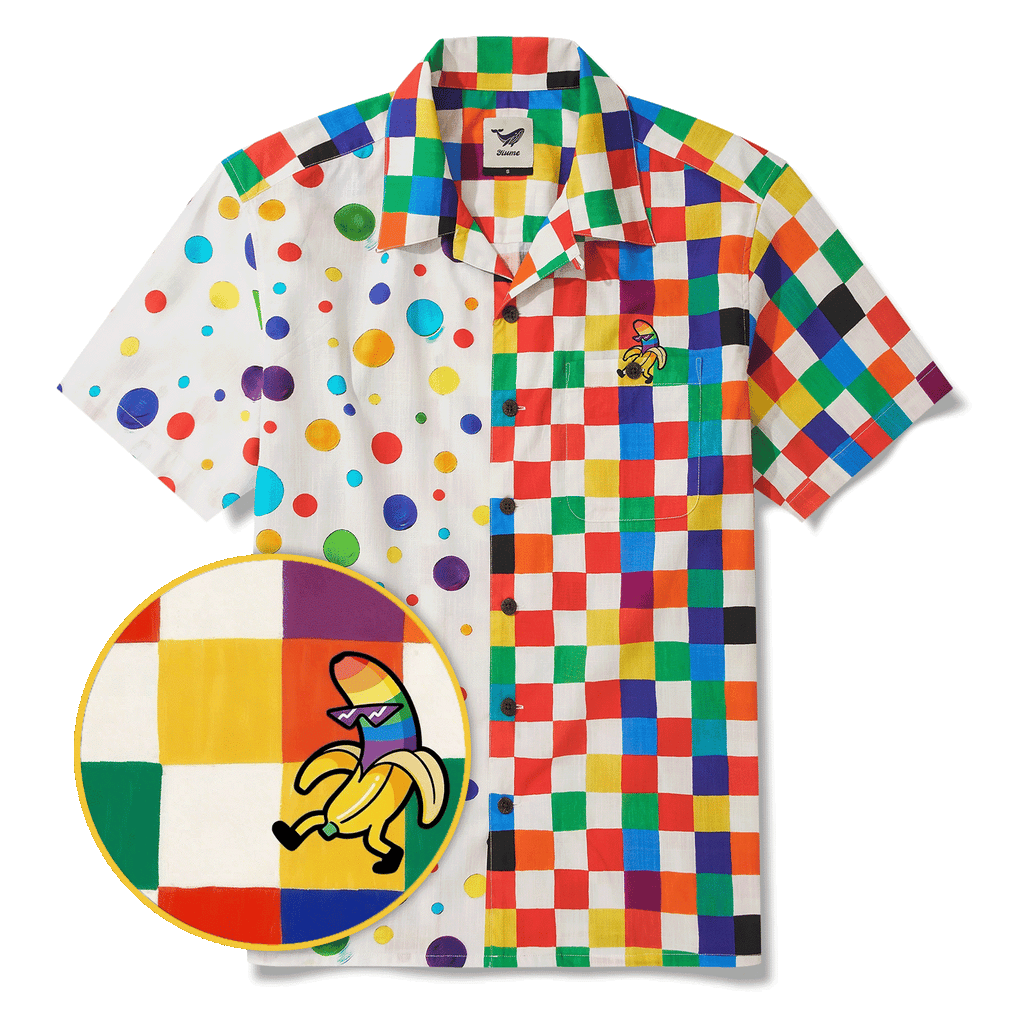 Men's Hawaiian Shirt Short Sleeve Camp Collar 100% Cotton Red Aloha Colorful Checkerboard Polka Dot Design For Fun By Cigar