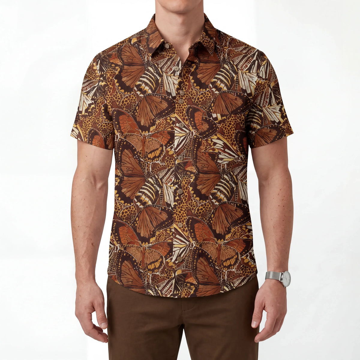 LeosWare® Men's Hawaiian Shirt Short Sleeve Button-up 100% Cotton Brown Aloha Butterfly Haven By Ann