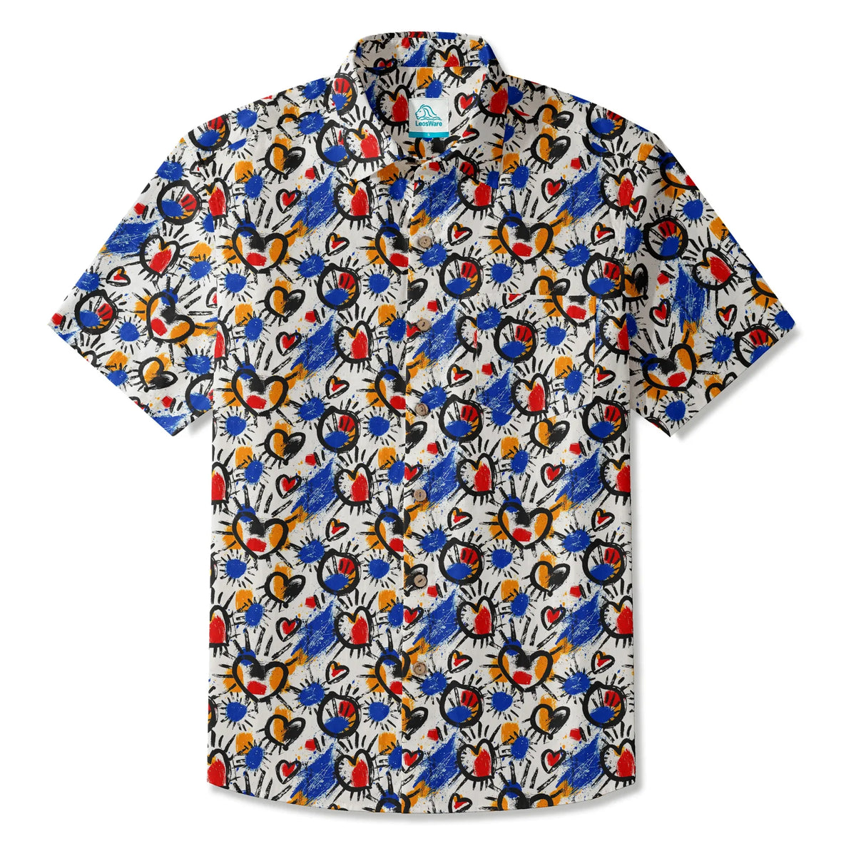 LeosWare® Men's Hawaiian Shirt Short Sleeve Button-up 100% Cotton White Aloha Color Clash Heart Mango By Ann