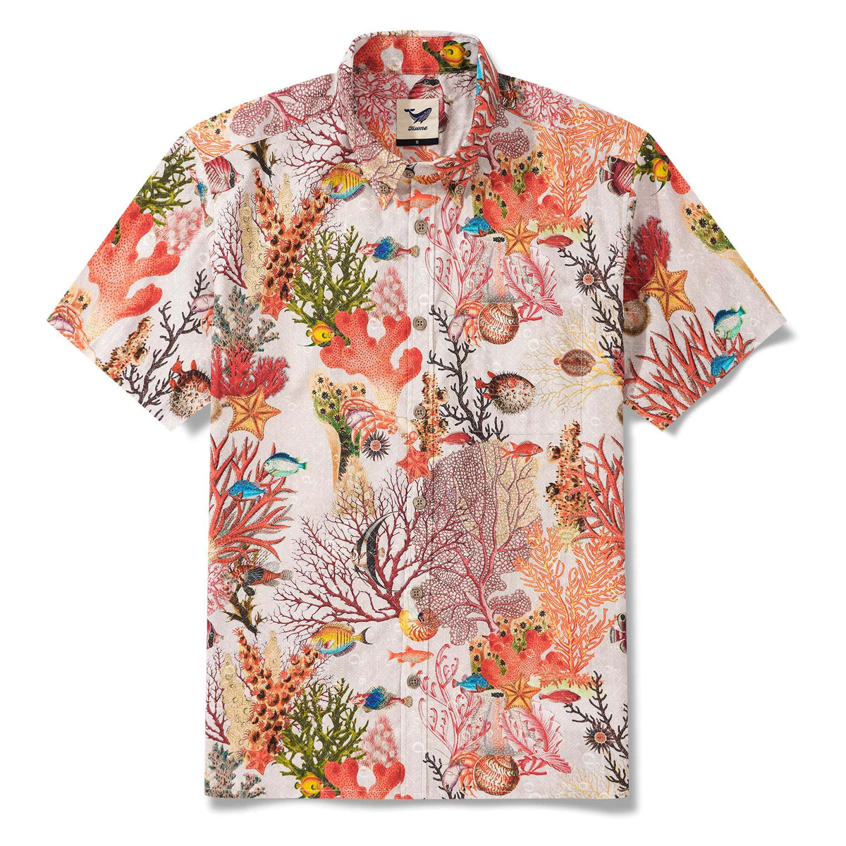 Men's Hawaiian Shirt Short Sleeve Button-down 100% Cotton Beige Aloha Marine Fantasia By Yakima