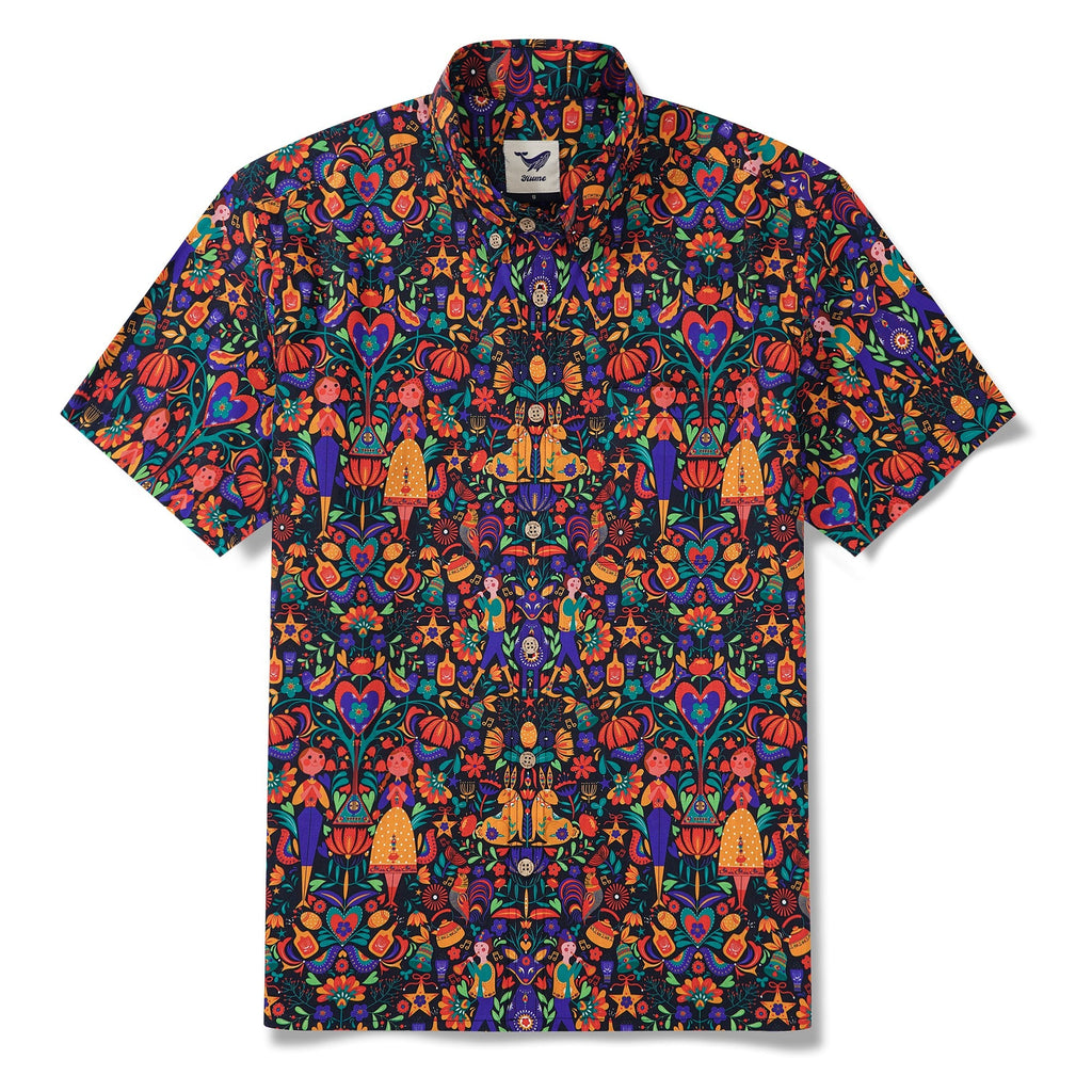 Men's Hawaiian Shirt Short Sleeve Button-down 100% Cotton Black Aloha Scandinavian Folk Party By Pallavi Chaudhary
