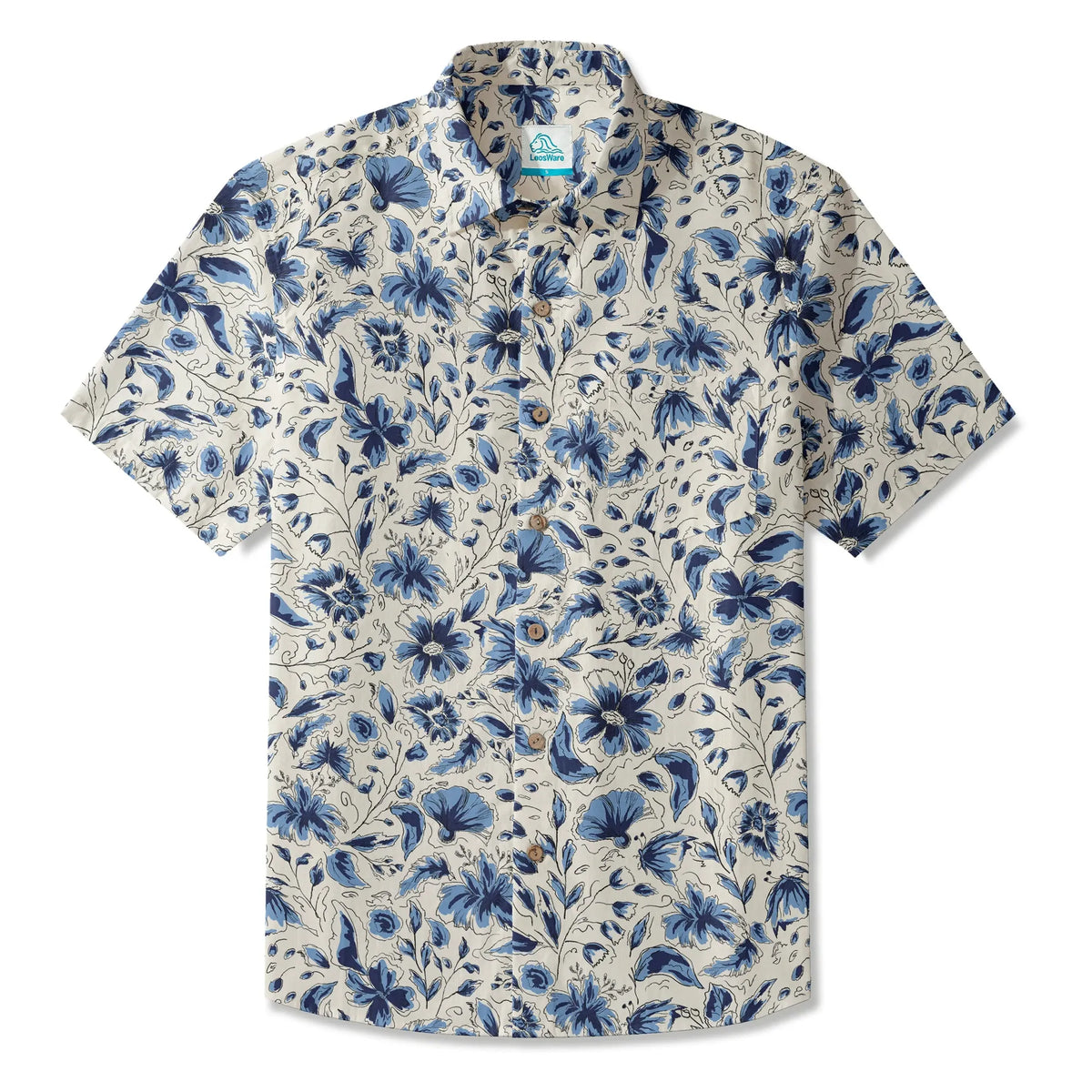 LeosWare® Men's Hawaiian Shirt Short Sleeve Button-up 100% Cotton Blue Aloha Indigo Blooms By Huan huan