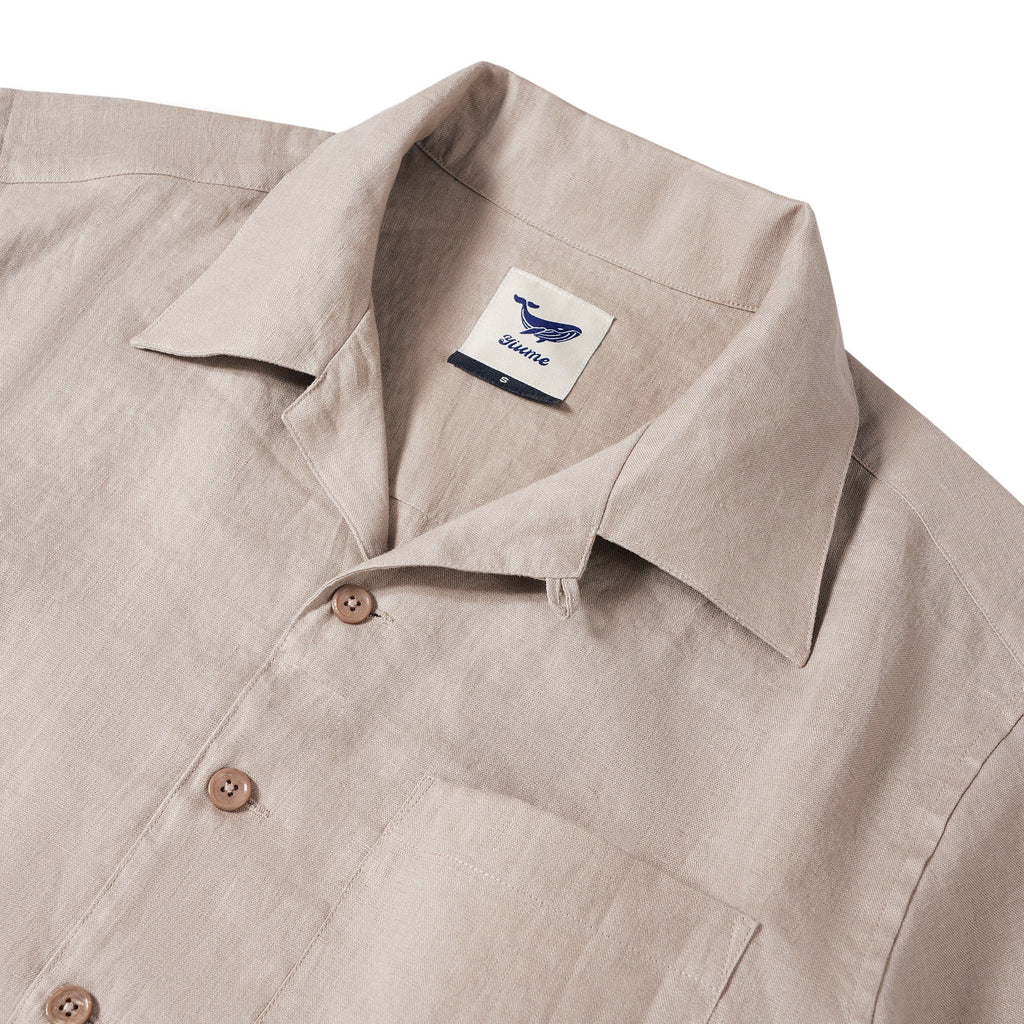 Men's Basic Shirt Short Sleeve Camp Collar 100% Linen Natural Solid Color